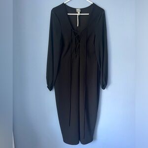 Asos Black Midi Slit Lace Up Long Sleeve Pencil Dress Size 14
